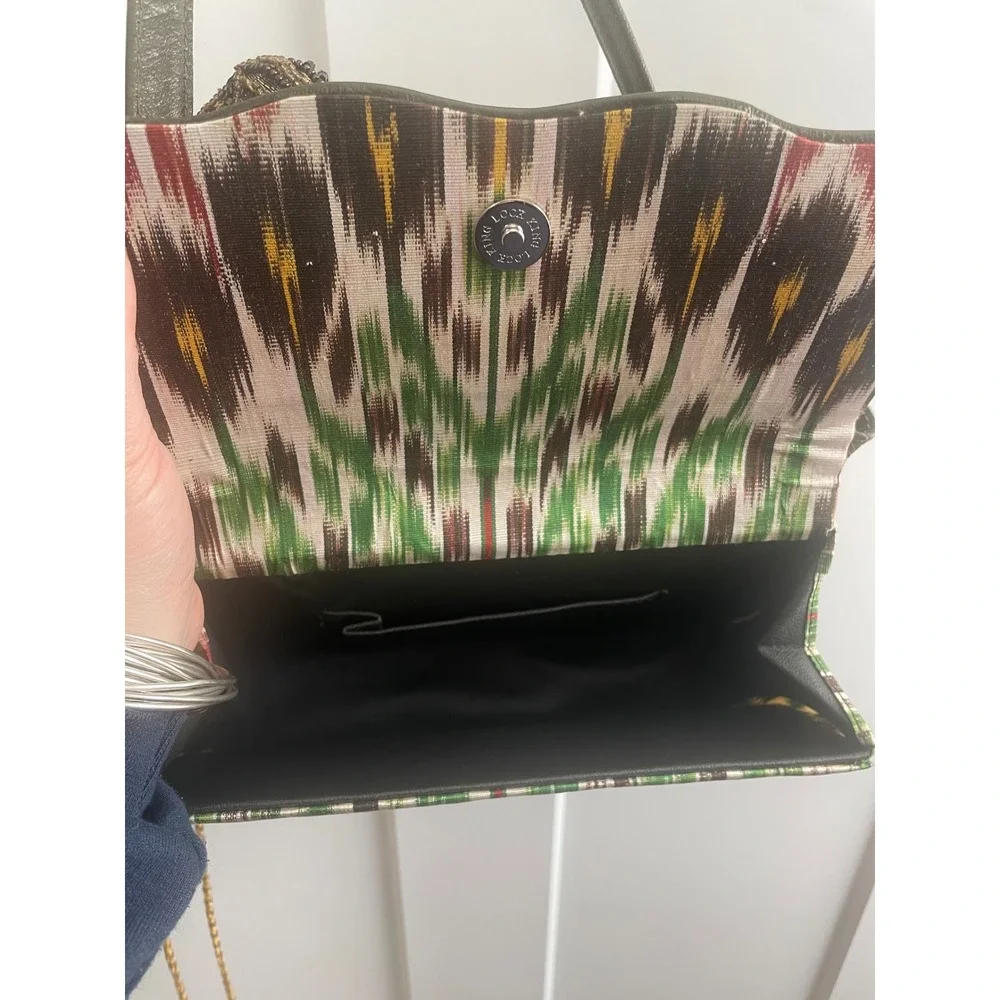 Vintage Ikat Woven Shoulder Bag Multi Color Pattern with Olive Leather Trim